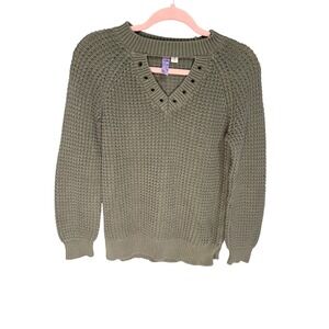 Alya Olive Grommet V-Neck Chunky Knit Sweater M Anthropologie Indie Textured‎
